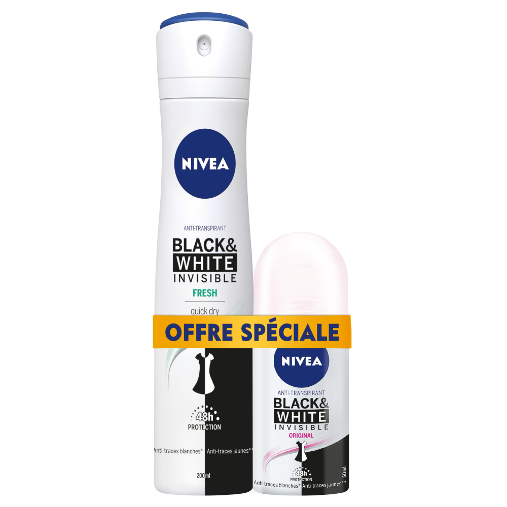 [715046] Lot Déodorant Spray + Roll-On Nivea Black & White Femme
