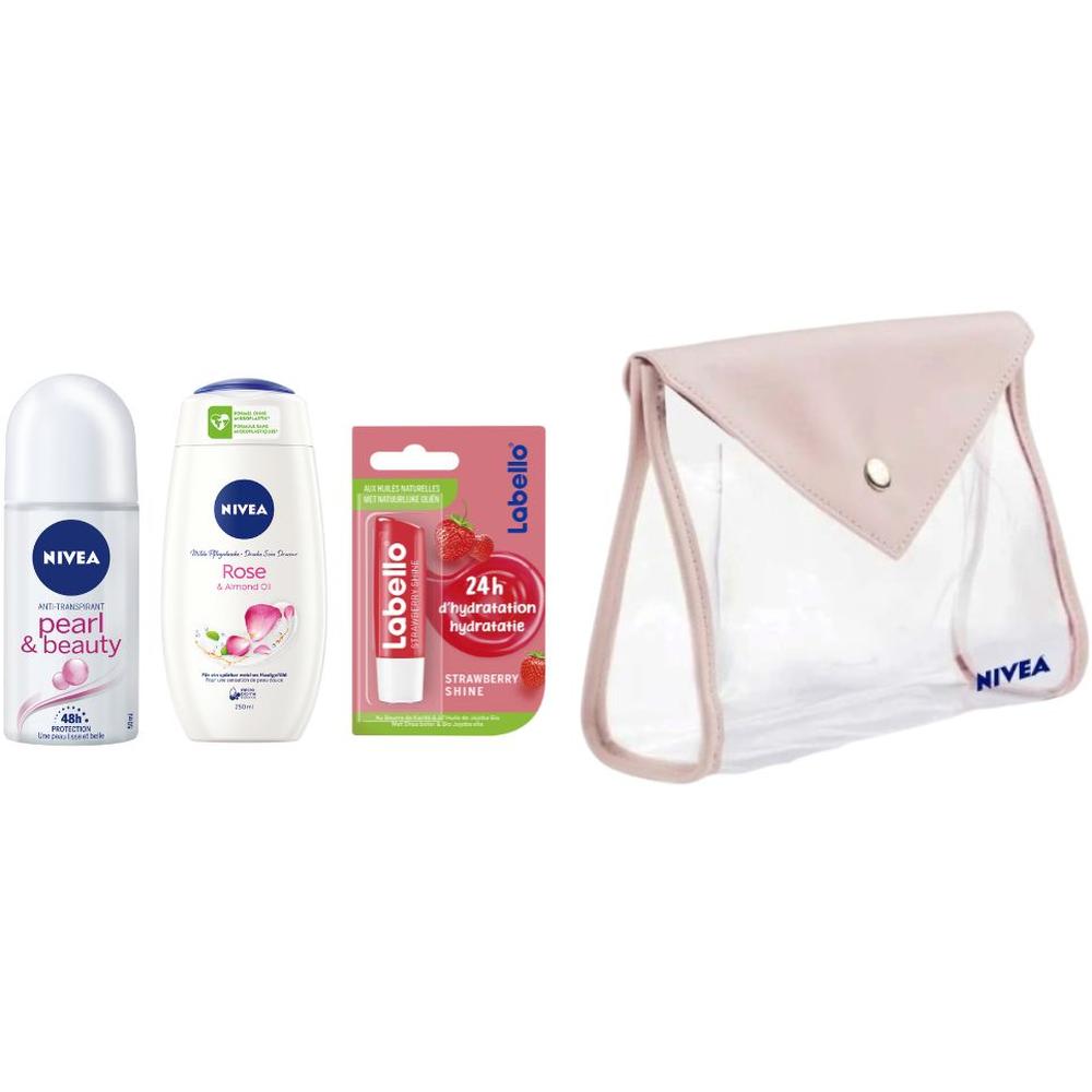 Trousse Pinky Nivea : Labello + Roll-on Pearl & Beauty + Crème Douche Cherry & Roses