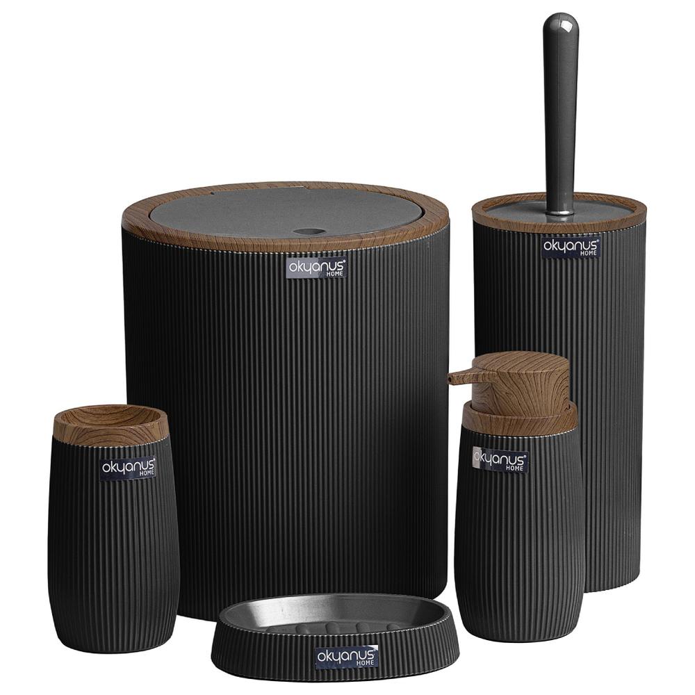 [698437] Set de Salle de Bain Rond Rayé Bois Noir Okyanus 5 unités