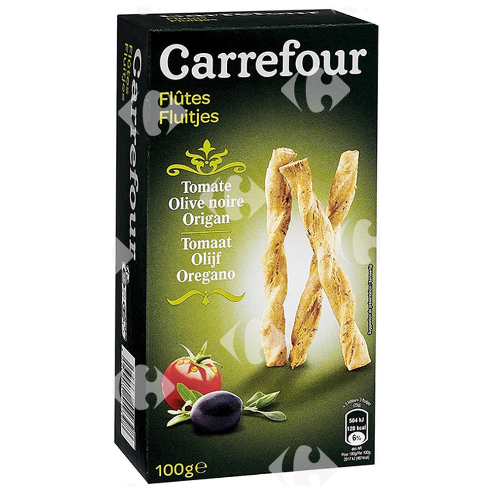 [373858] Biscuits Apéritifs Flûtes à la Tomate, Olive Noire et Origan Carrefour 100g