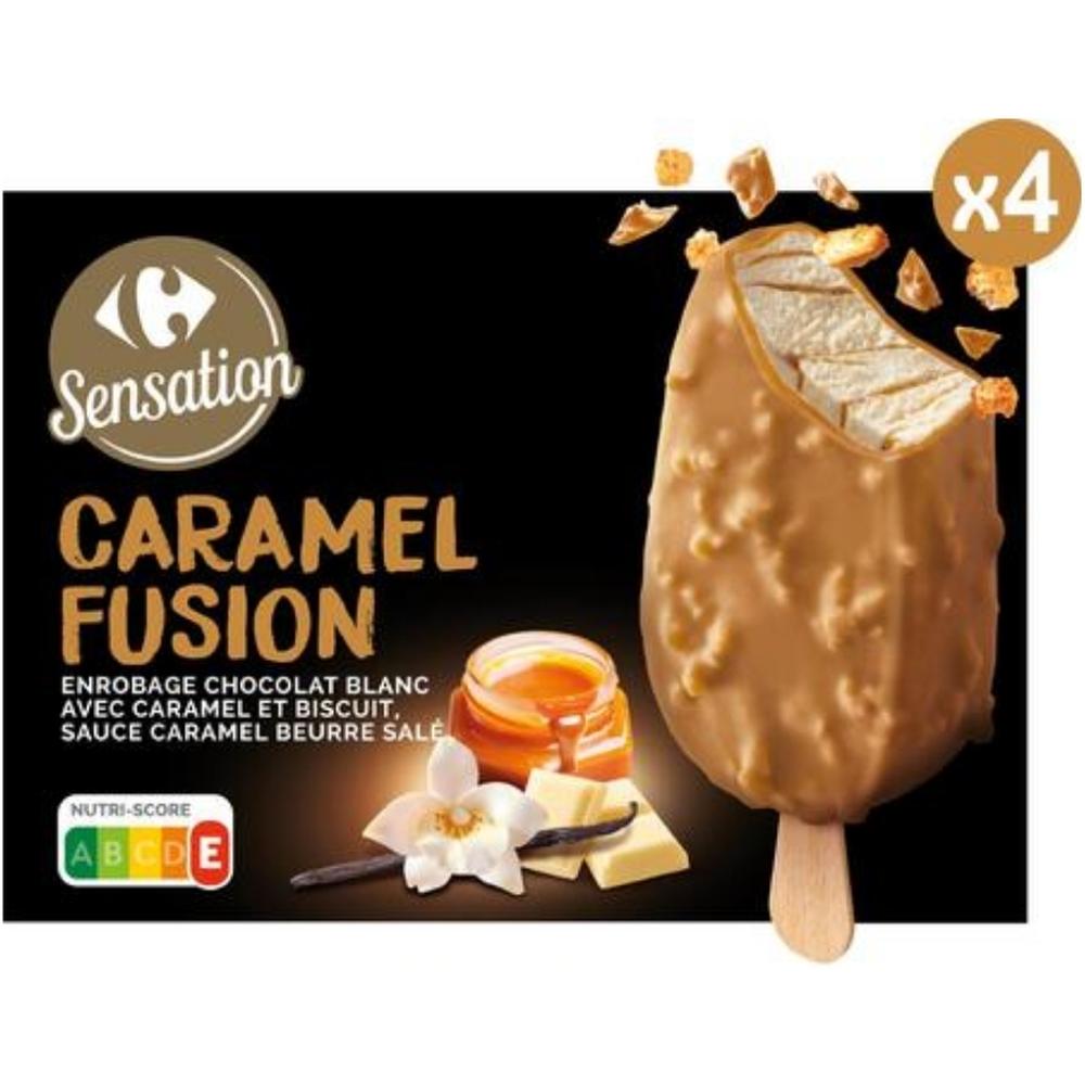 [714698] Bâtonnets Glace Vanille Chocolat Blanc Caramel Beurre Salé Carrefour Sensation 4 unités 274g.