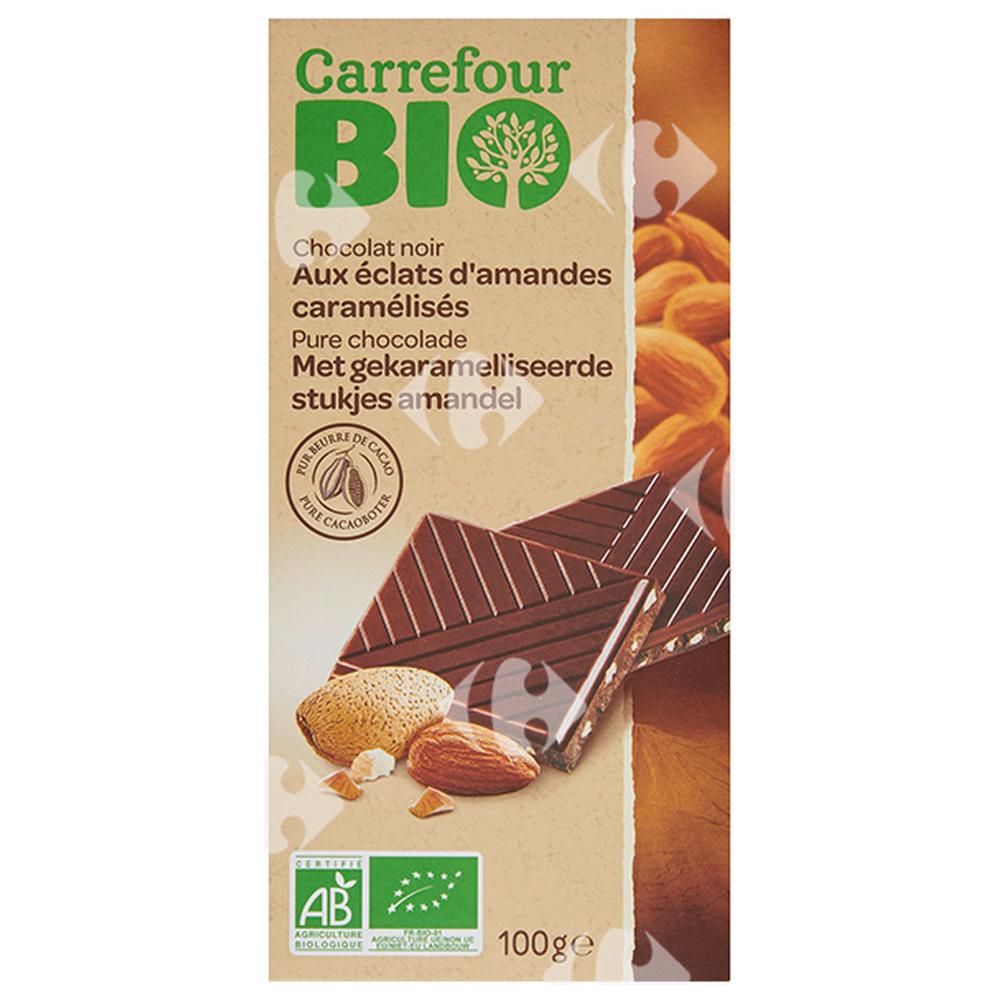 [528385] Tablette Chocolat Noir aux Éclats d'Amandes Caramélisés Carrefour Bio 100g