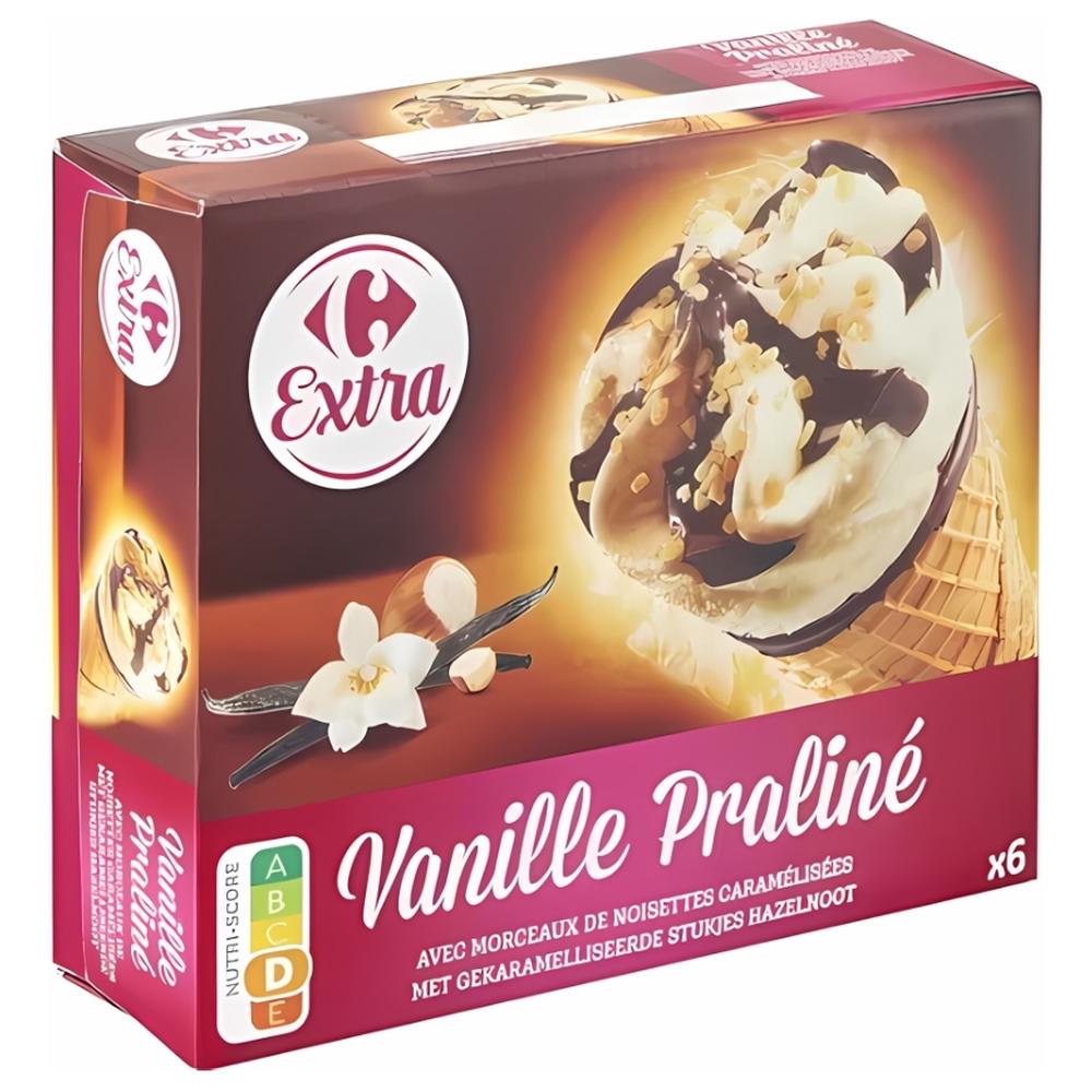 Cônes Glace Vanille Praliné Carrefour Extra 6 unités 120ml