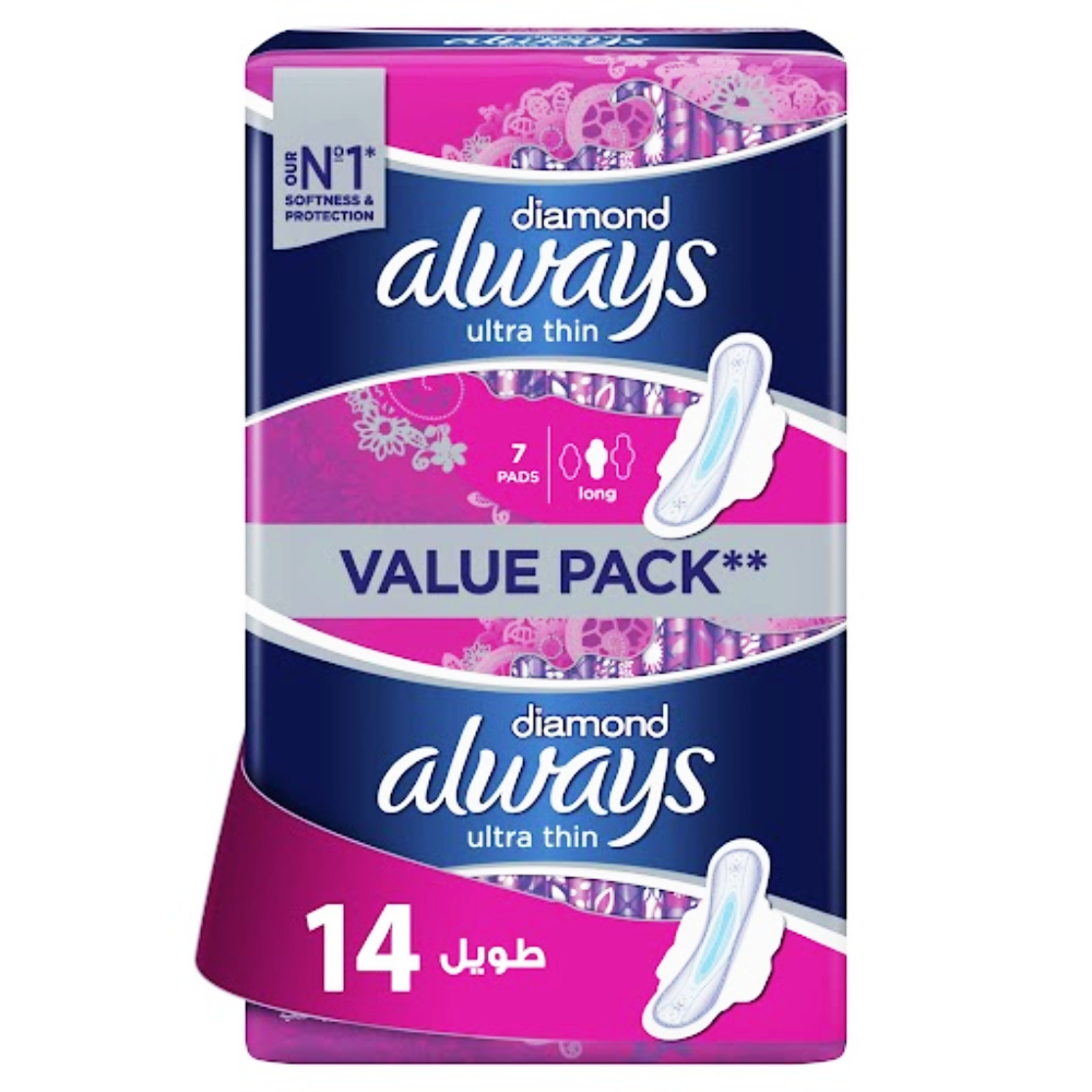 Serviettes Hygiéniques Diamond Ultra Thin Long Always 14 unités.