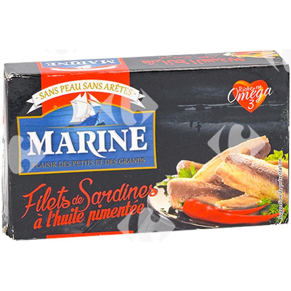 Conserve de Sardines sans Peau ni Arêtes à l'Huile Pimentée Marine 90g.