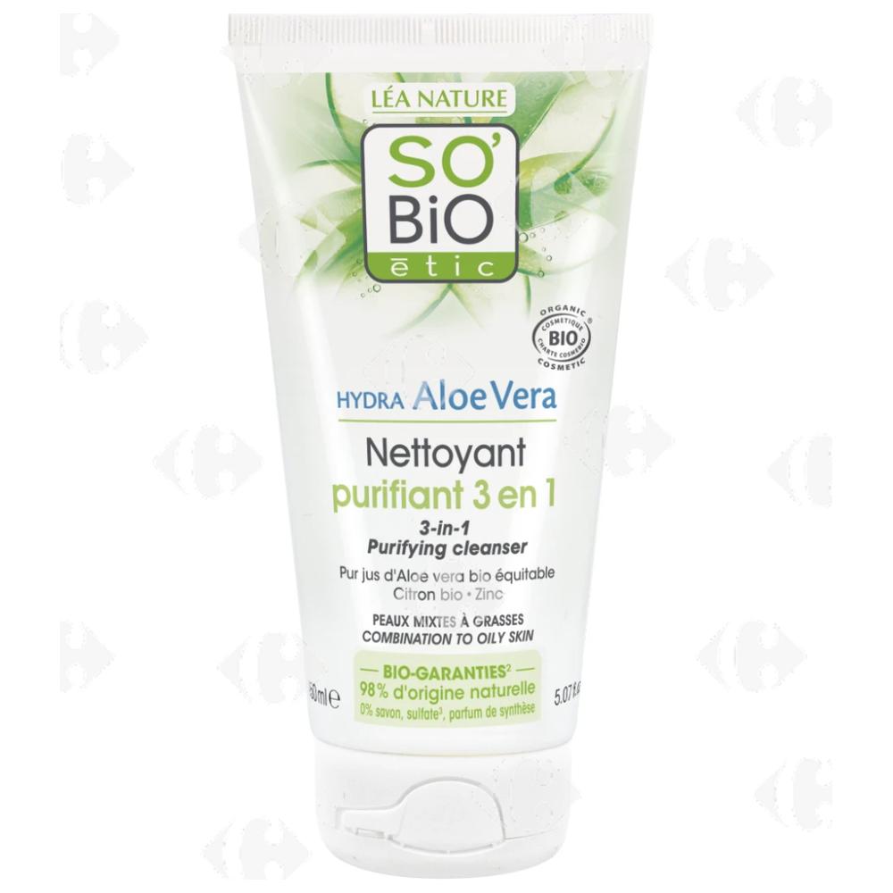 [682869] Gel Nettoyant Purifiant 3en1 Peau Mixte à Grasse Aloe-vera Bio So'Bio 150ml