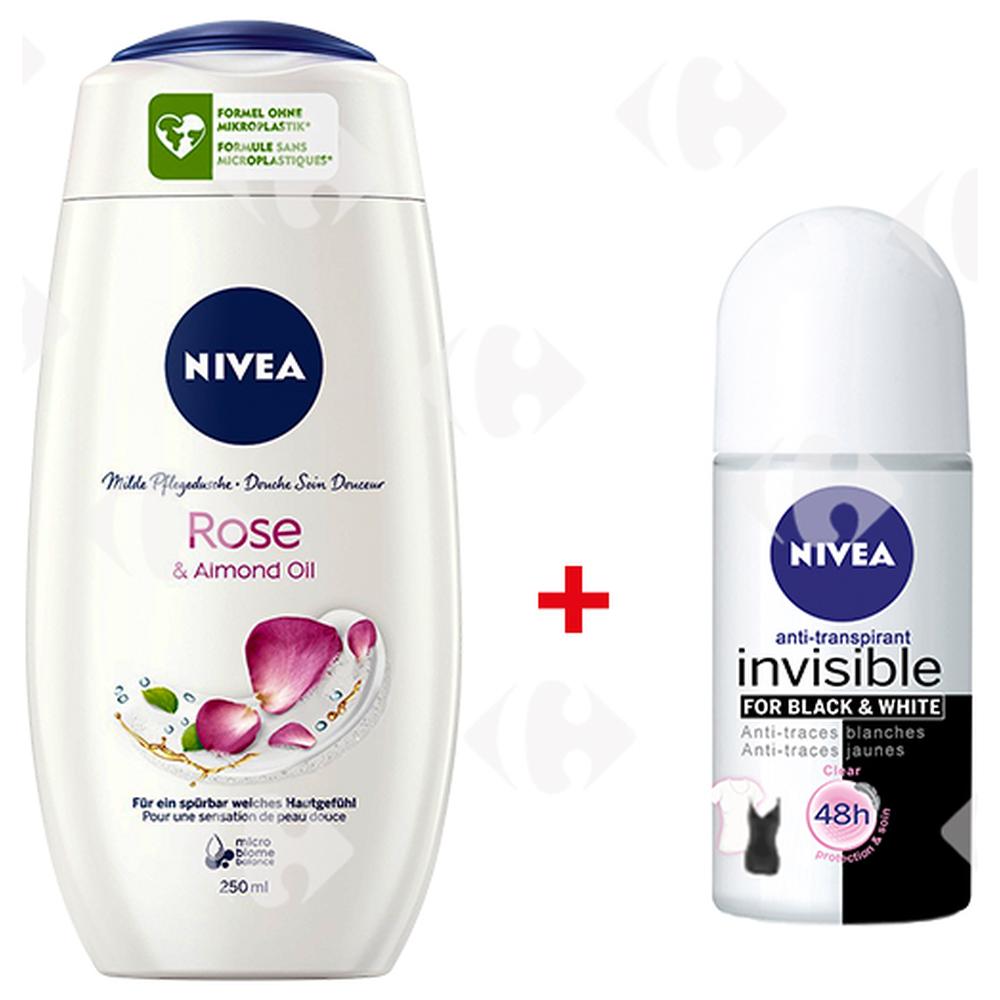 [670179] Déodorant Bille Féminin Invisible For Black & White Clear Nivea 50ml + Crème De Douche Nivea 250ml.