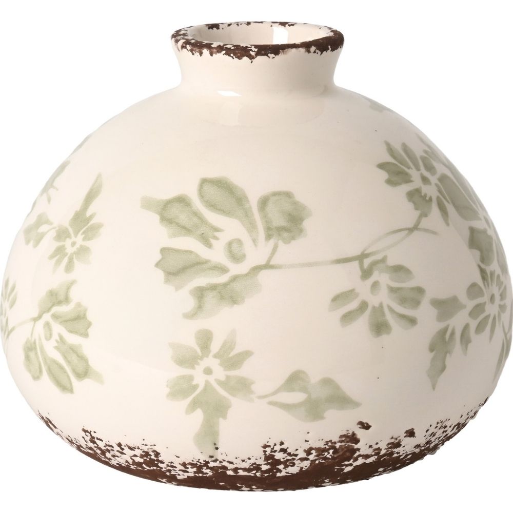 [730655] Vase Kasa en Céramique Blanc Fleurs Vertes 12cm