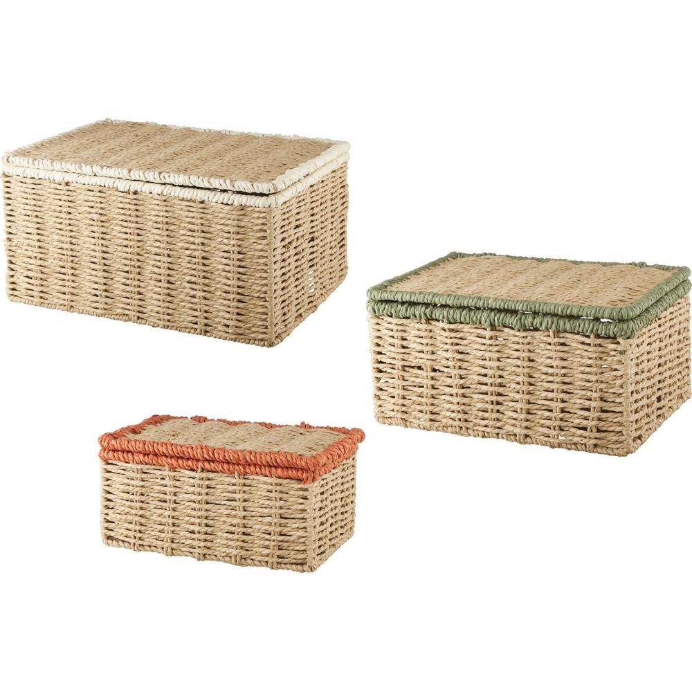 [722149] Set de 3 Boîtes Rectangulaires en Métal et Jute avec Bord Coloré Kasa