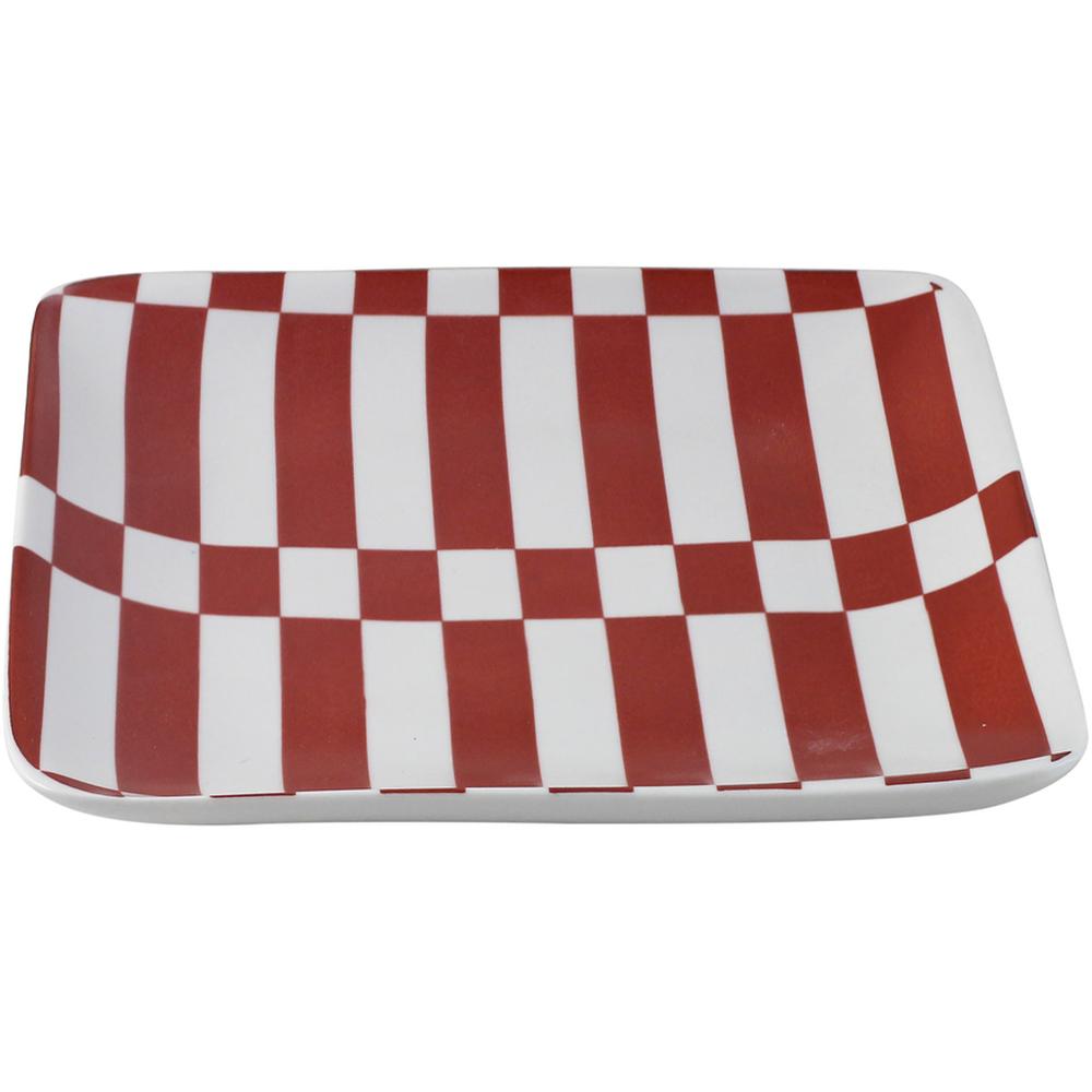 Assiette Plate Porcelaine Carre Rayee Rouge Kasa 18x18cm
