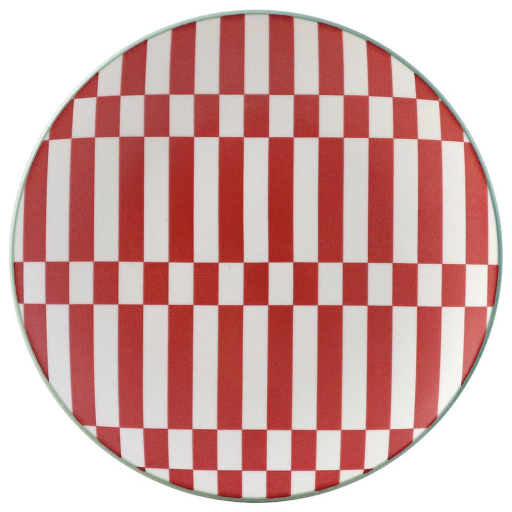 [711130] Assiette Plate Porcelaine Ronde Rayee Rouge Graph Kasa 15.6cm