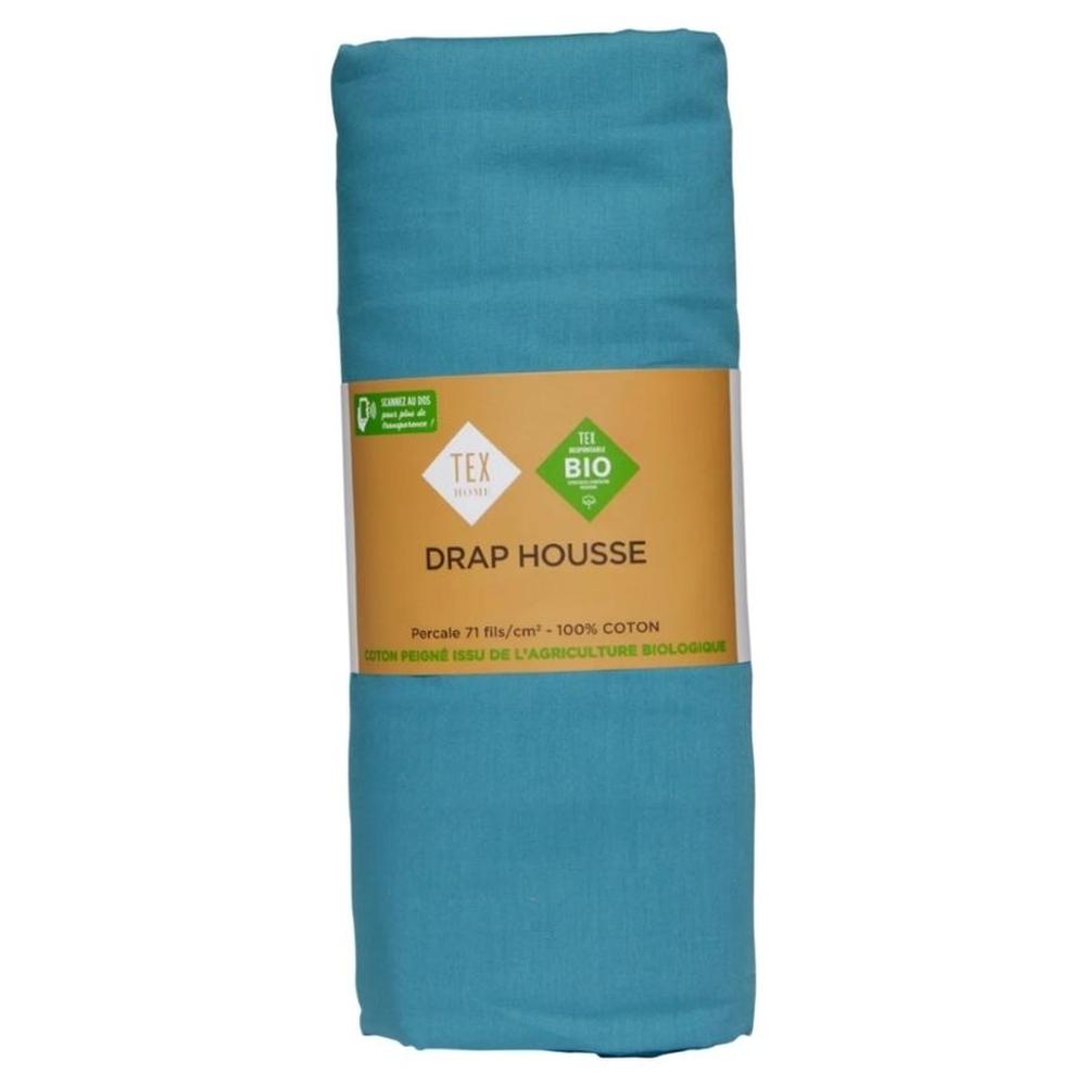 [727593] Drap Housse Percal Bleu Tex Home 180x200 cm
