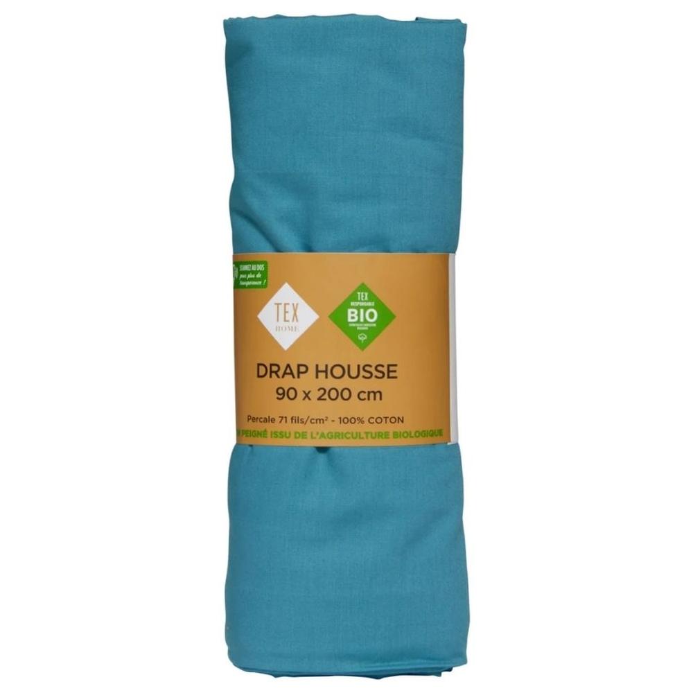 [727578] Drap Housse Percal Bleu Tex Home 90x200 cm