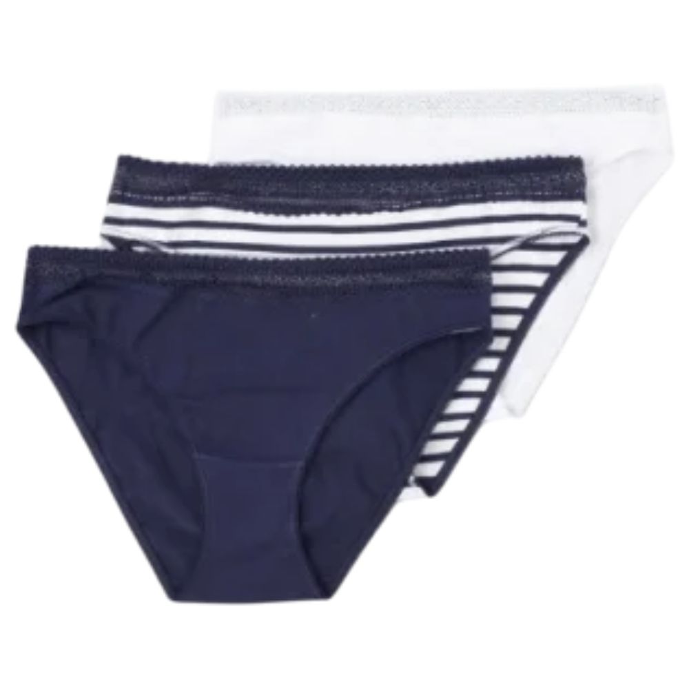[719568] Lot 3 Slips Femme Coton Dentelle Fantaisie Marine