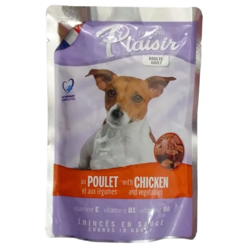 [693010] Pochons chien adulte poulet veg Plaisir 100 g