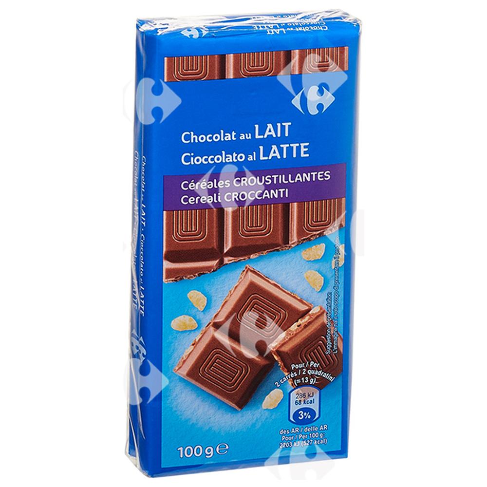 Tablette de Chocolat au Lait aux Céréales Croustillantes Carrefour 2x100g