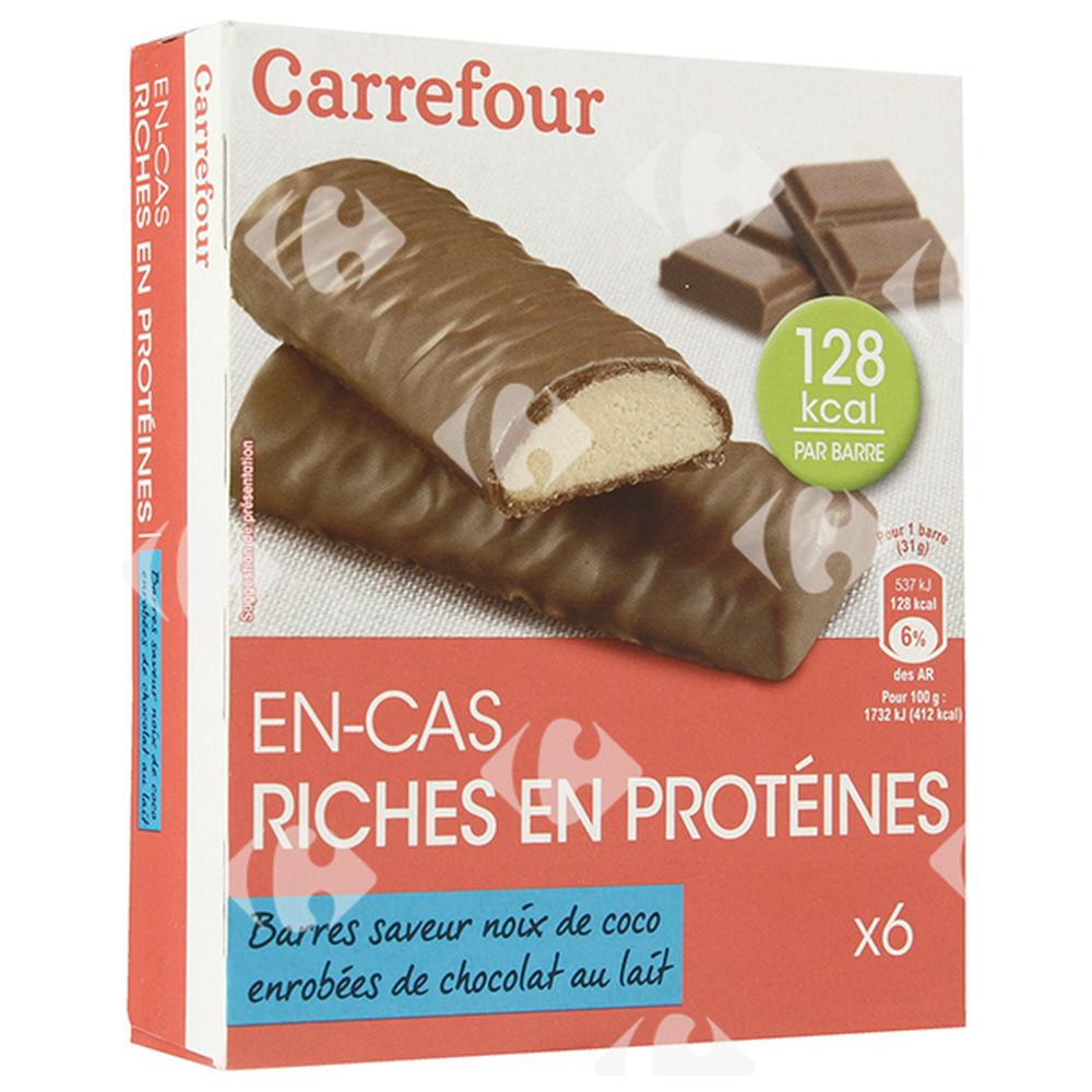 [644092] Barres Protéinées Saveur Noix de Coco Enrobées de Chocolat Carrefour 6x31g