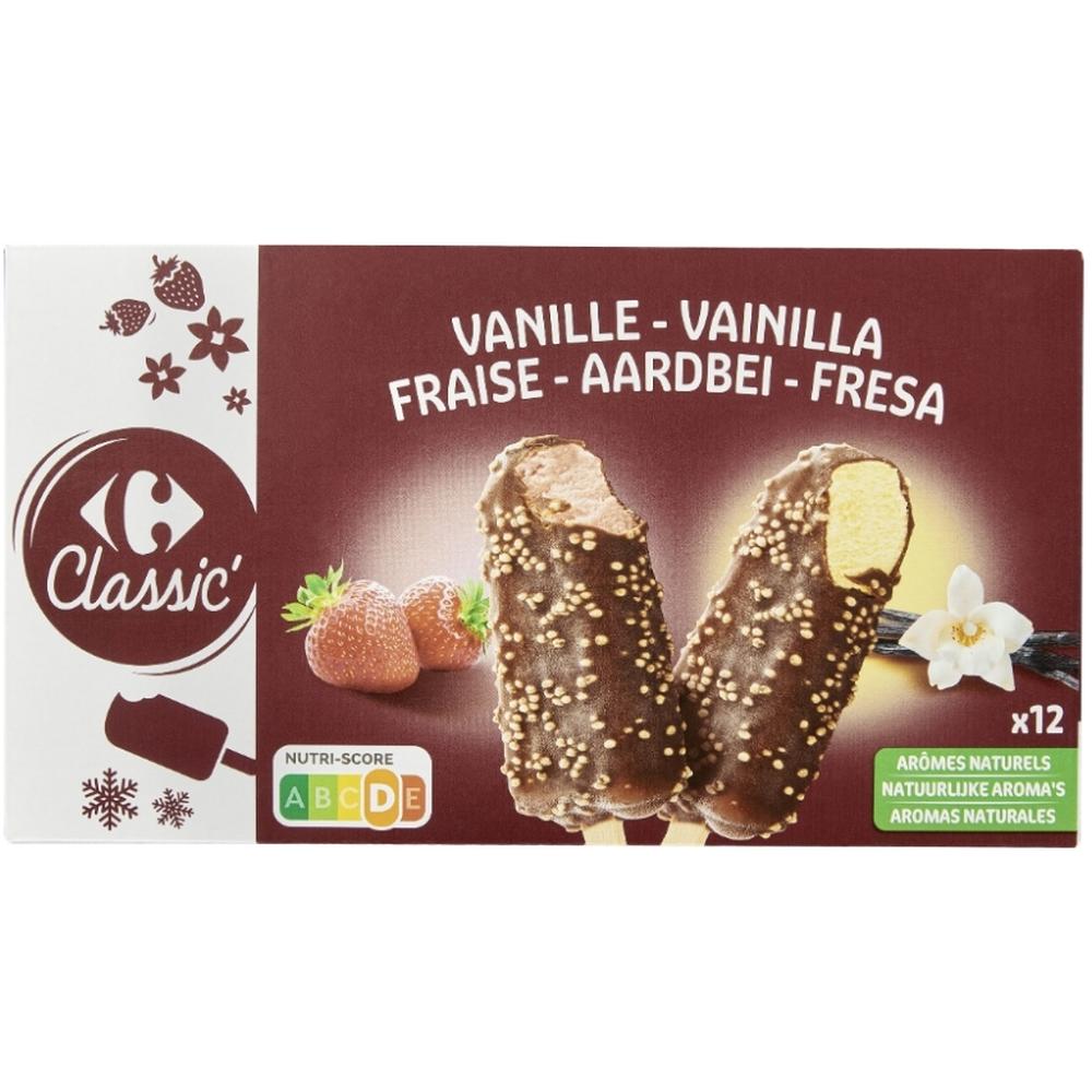 Bâtonnets Glace Vanille Fraise Carrefour Classic 12 unités.