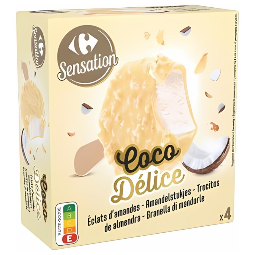 Bâtonnets Glace Coco Délice Chocolat Blanc Carrefour Sensation 4 unités 202g.