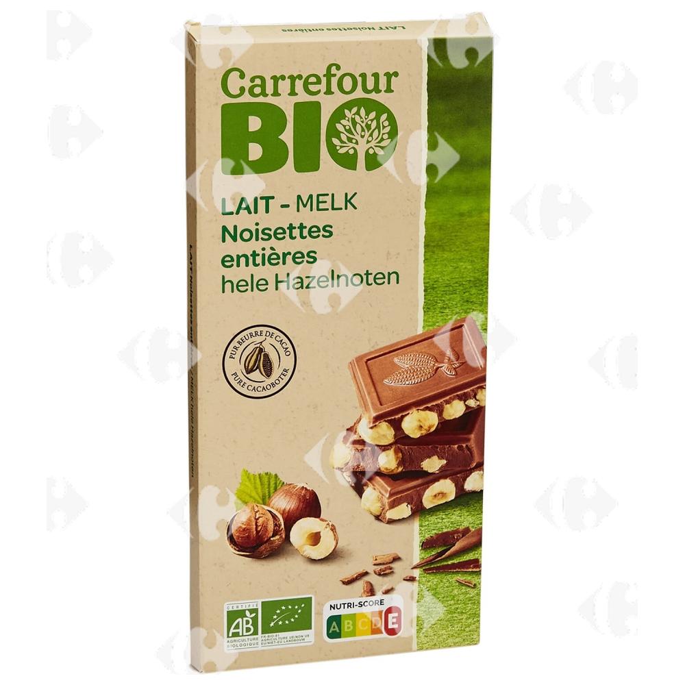 [657840] Tablette de Chocolat au Lait Noisettes Entières Carrefour Bio 200g