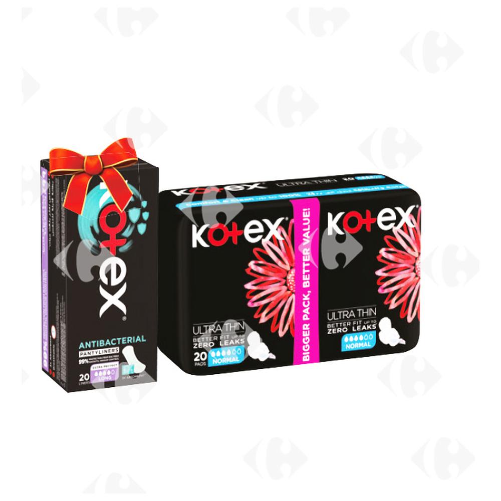 Serviettes Hygiéniques Ultra Thin Normal Kotex 20 unités + Protège-slips Pack Off Kotex 20 unités.