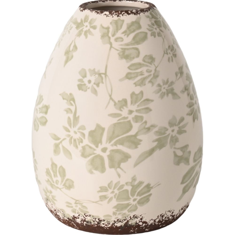 [730656] Vase Kasa en Céramique Blanc Fleurs Vertes 20cm
