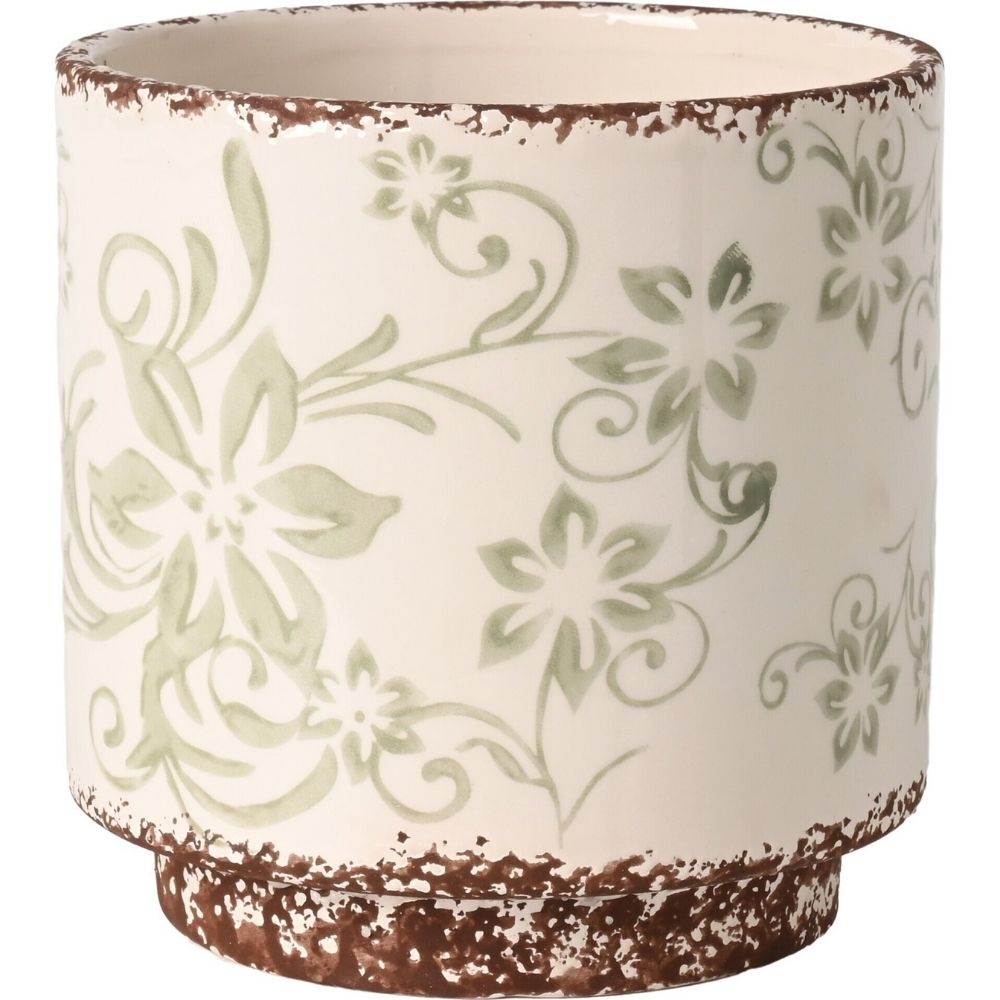 [730665] Vase Kasa en Céramique Blanc Fleurs Vertes 13cm