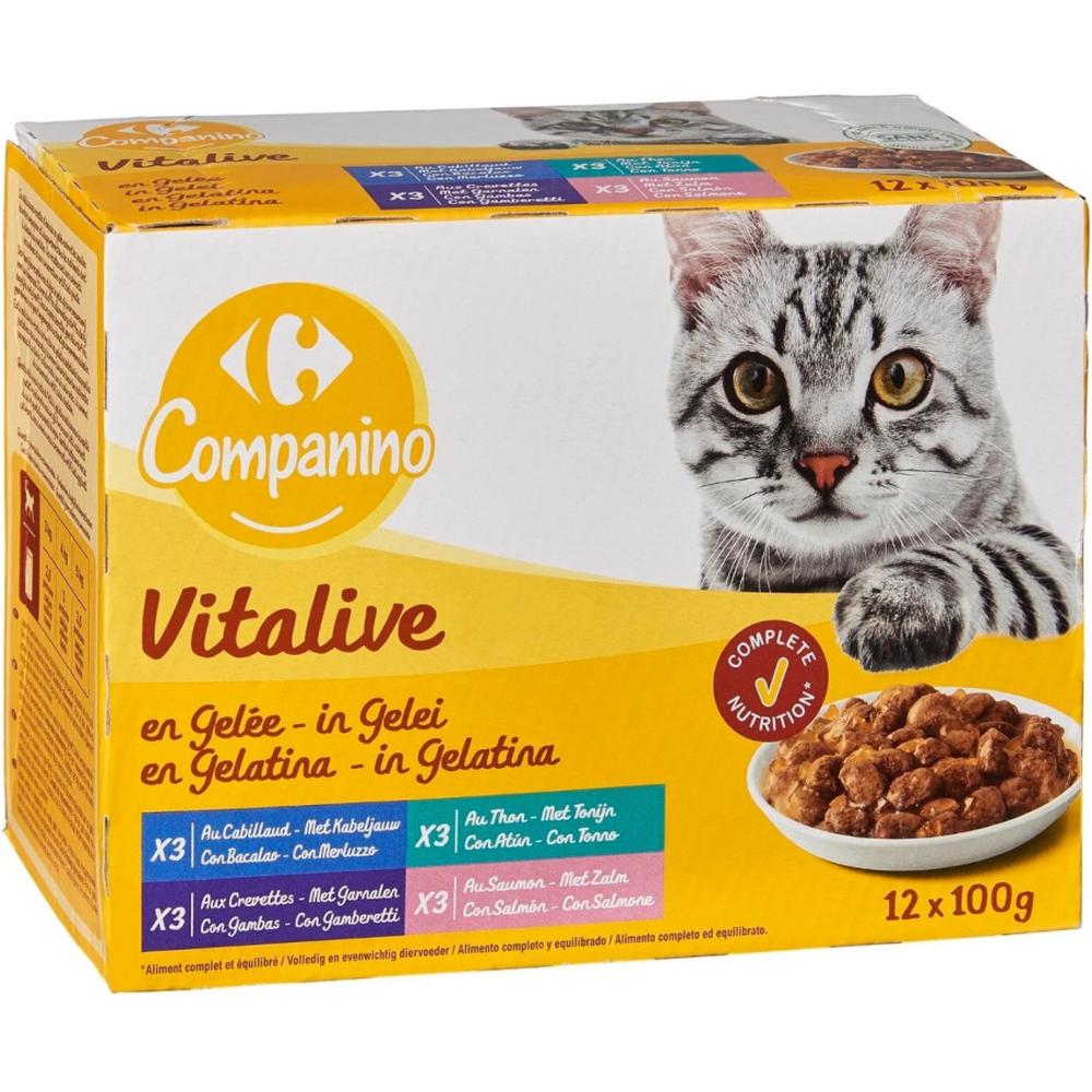 Patée Émincés aux Poissons en Gelée pour Chats Carrefour 12x100g