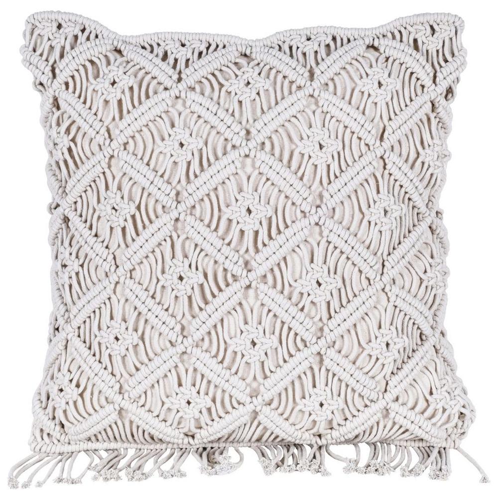 [716358] Coussin Carré Taupe en Macramé à Franges Kasa 45x45cm