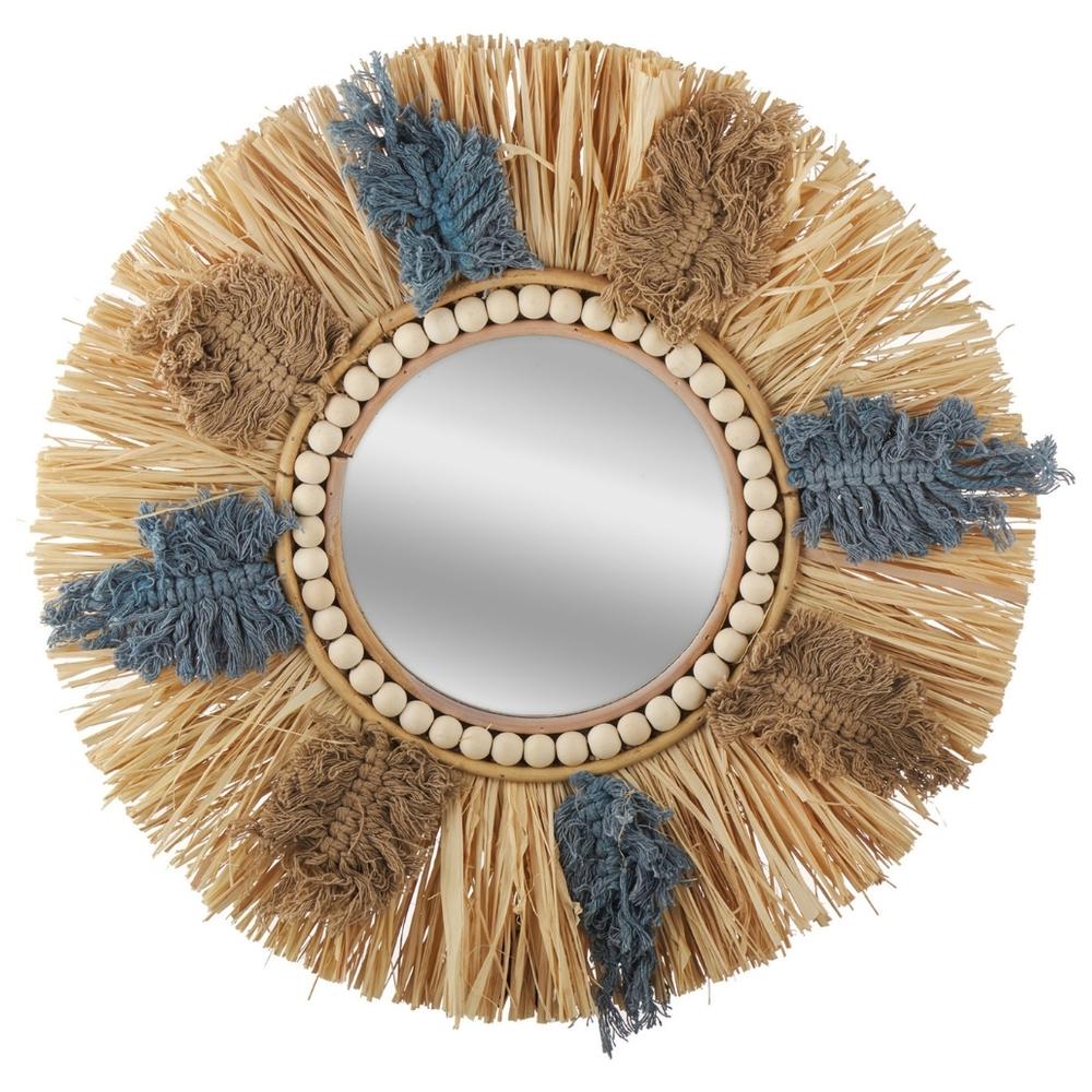 Miroir Rond Rafia Écru/Brun/Bleu Kasa 45 cm