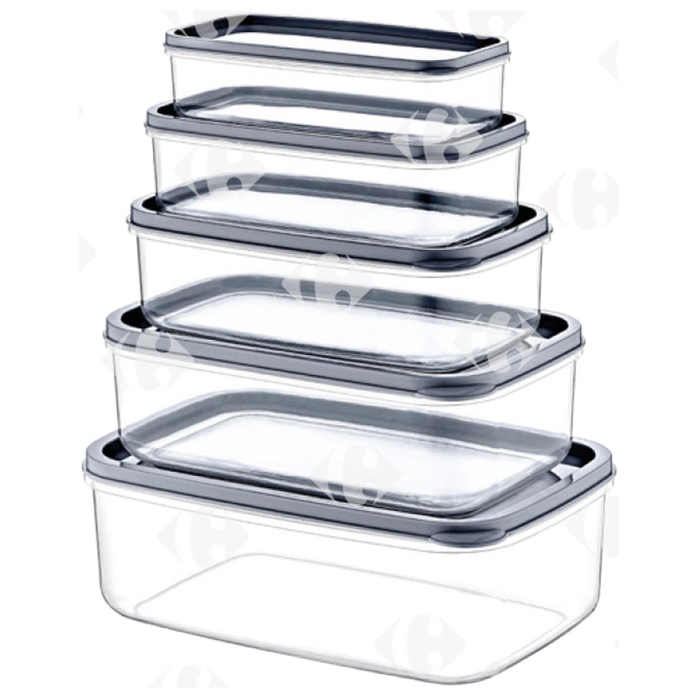 Set de 5 Boîtes Alimentaires Carrées Plastique 0,33/0,53/0,85/1,3/2,1L