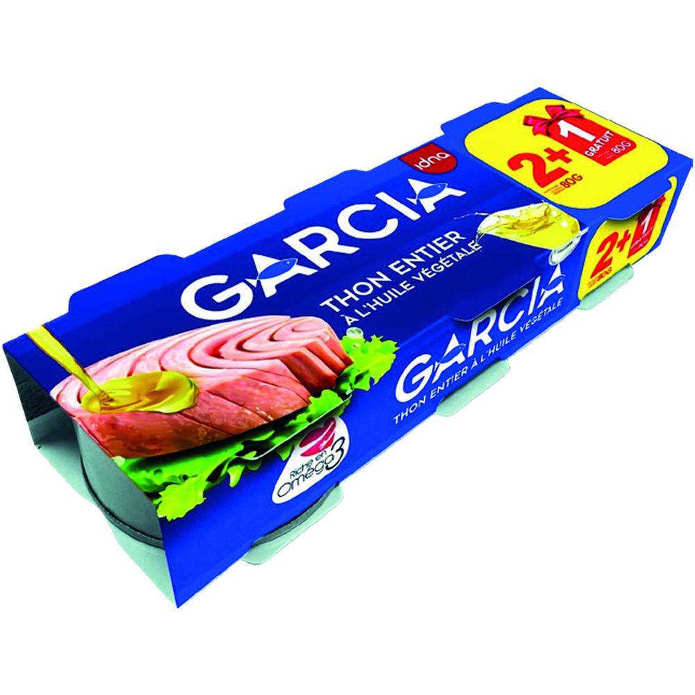 Lot de Thons Entiers à l'Huile Végétale Garcia 2 unités 80g (3ème Gratuit)