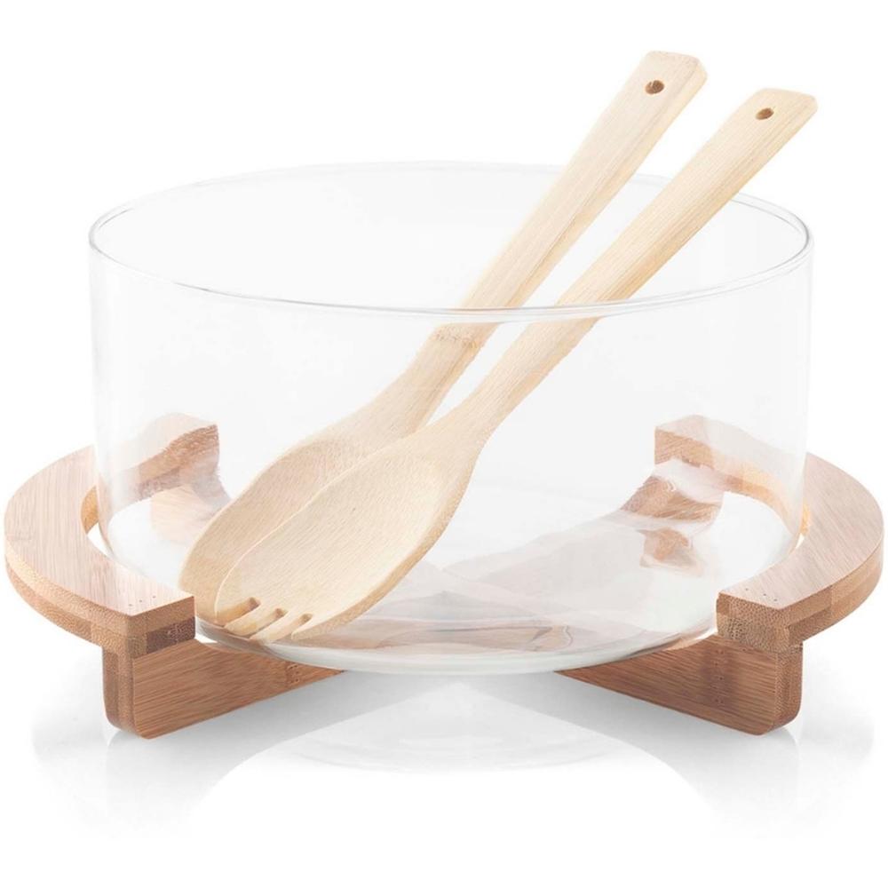 Saladier en Verre avec Support en Bambou et Couverts Kasa 30x13x22xcm