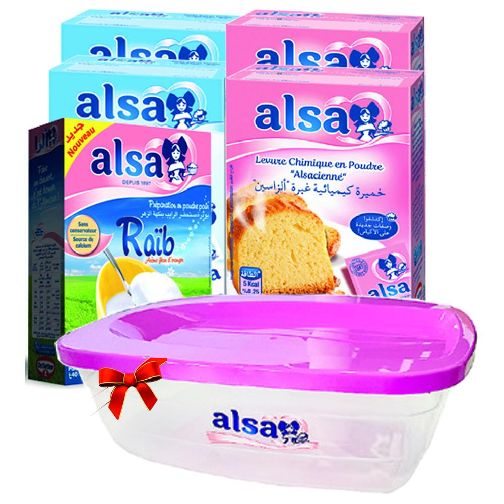 Lot Alsa : 2 Levures Chimiques + 2 Sucres Vanillés + 1 Raib + Boîte Offerte