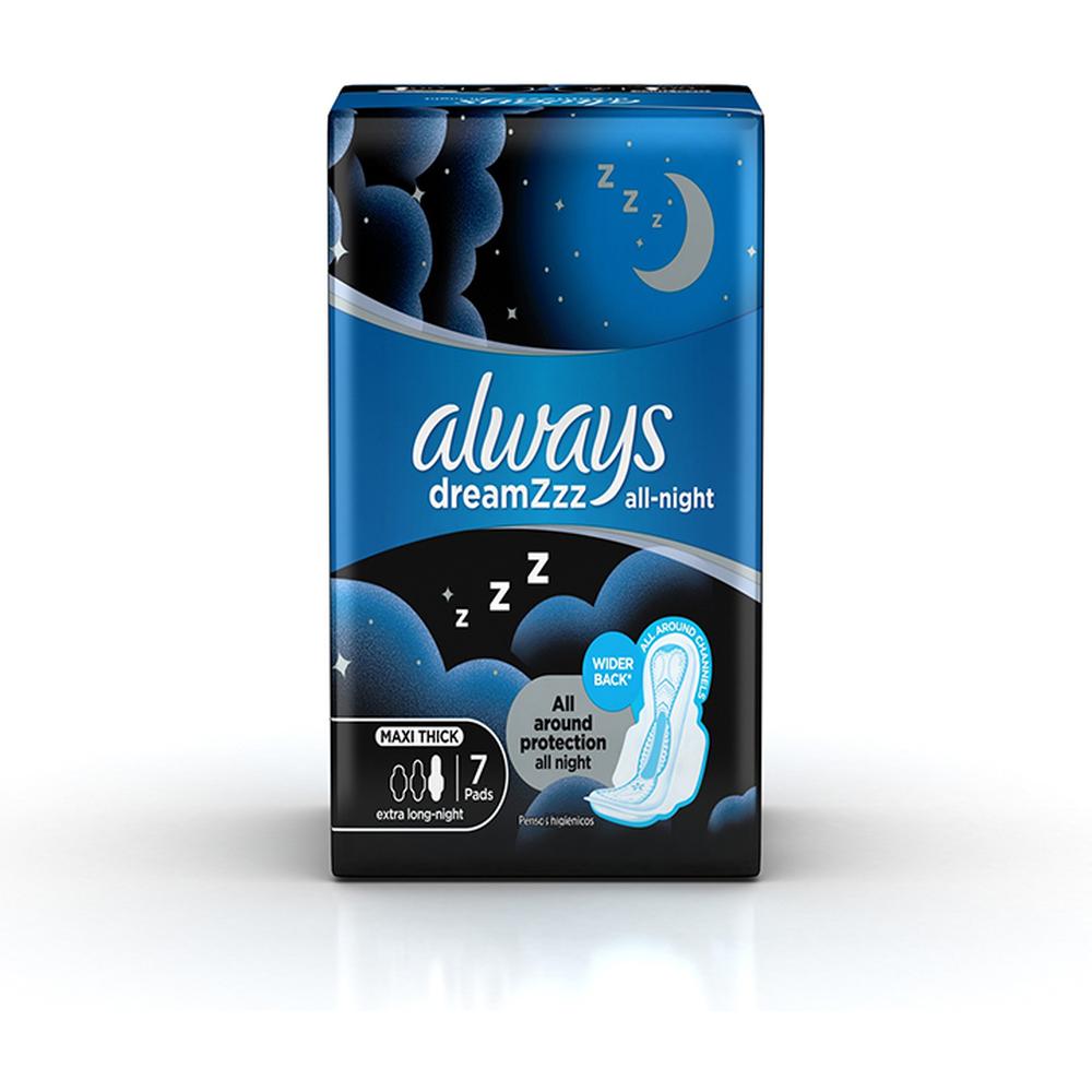 [656393] Serviettes Hygiéniques Dreamzzz All-night Maxi Thick Extra-Long Night Always 7 unités.