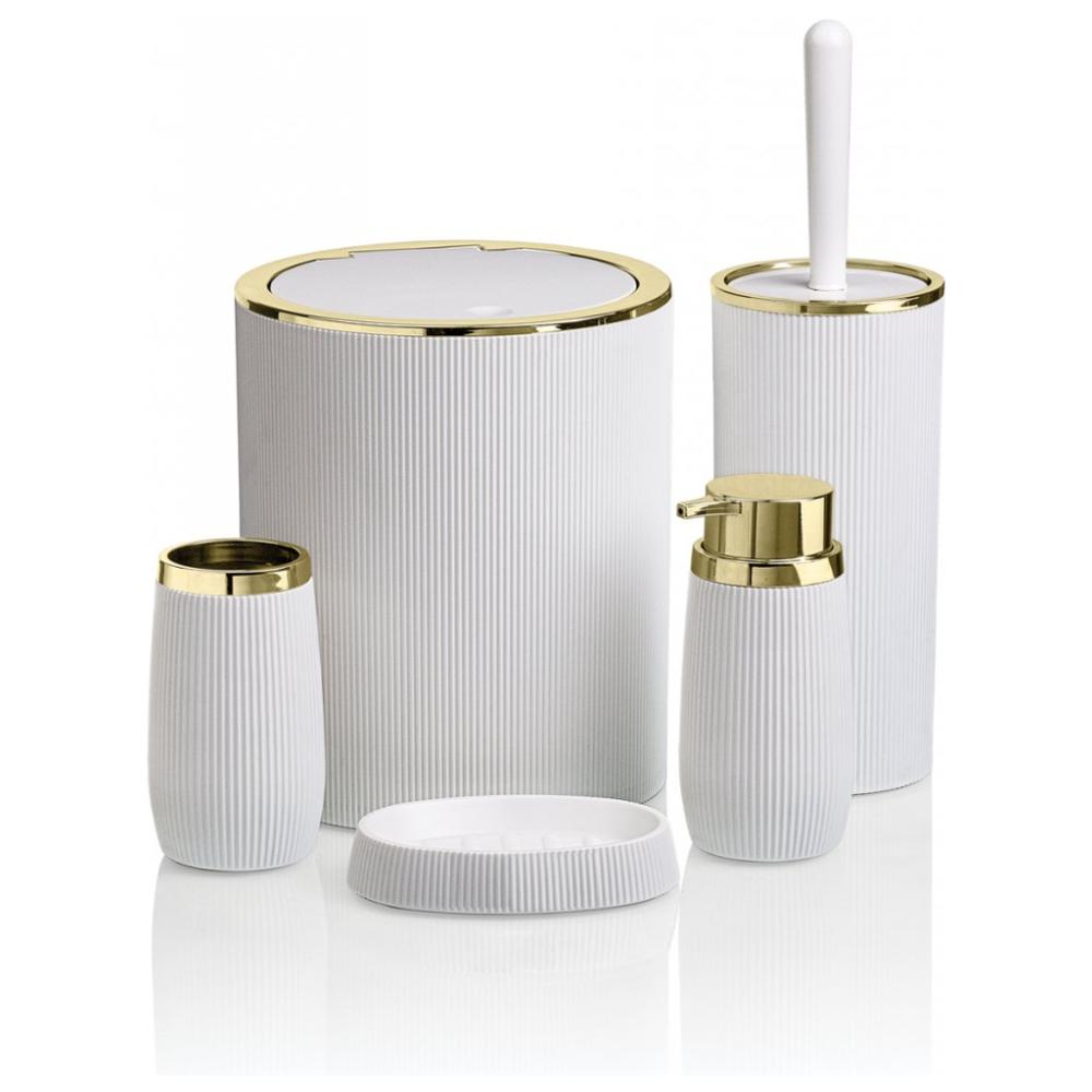 [698438] Set de Salle de Bain Rond Rayé Dorée Blanc Okayanus 5 pièces.