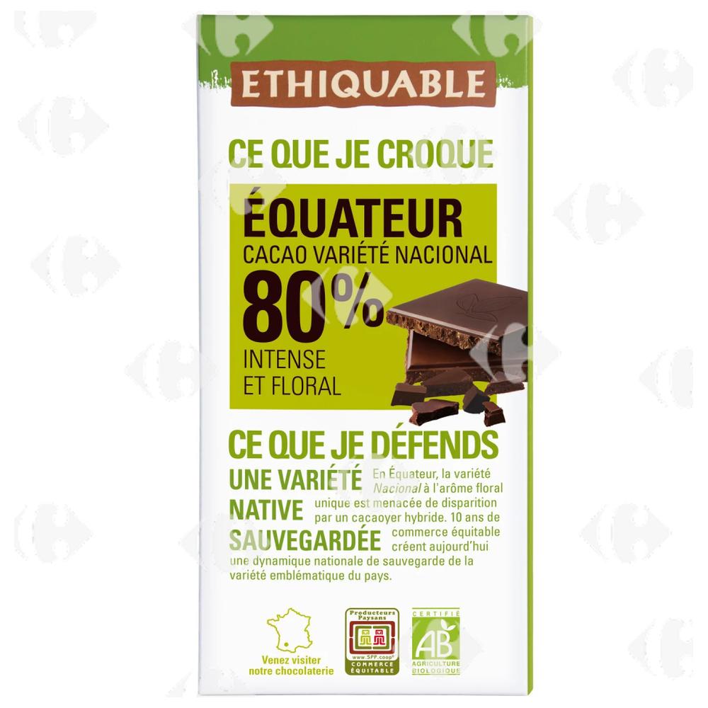 Tablette de Chocolat Noir 80% Cacao Intense et Floral Equateur Bio Ethiquable 100g