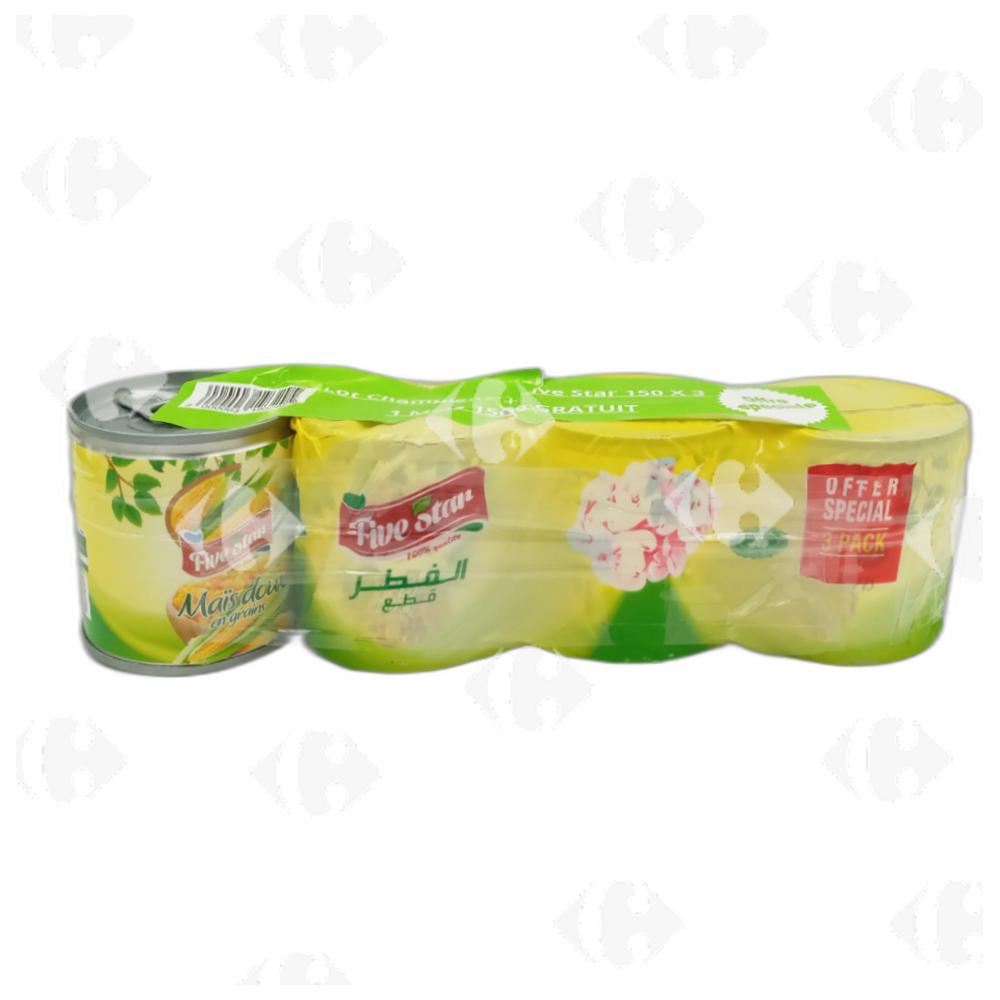 [697369] Lot Champignons Tripack Five Star 3x150g + Mais Five Star 150g Gratuit.