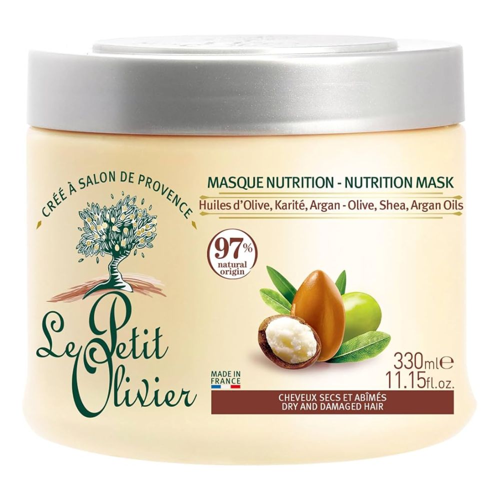 [668420] Masque Soin aux Huiles d'Olive, Karité & Argan Nutrition Cheveux Secs et Abîmés Le Petit Olivier 330ml.