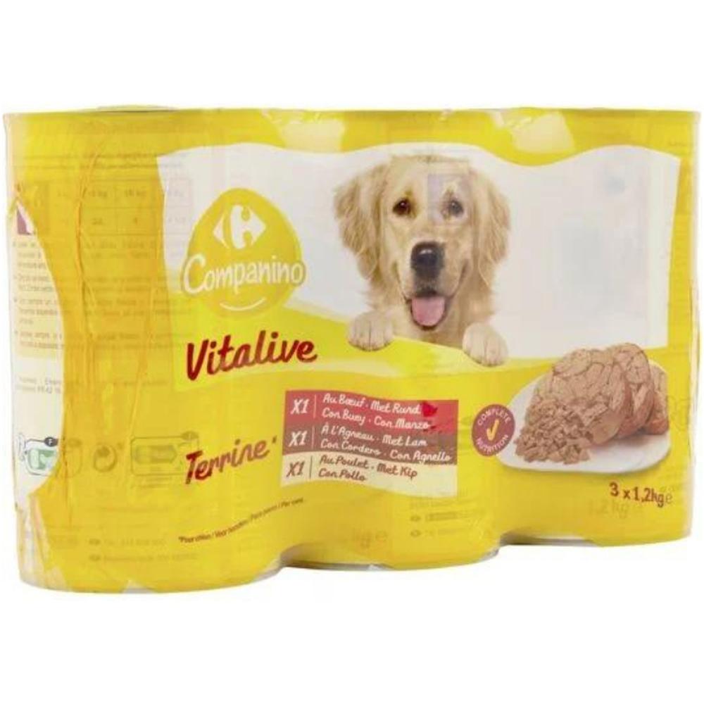 [530851] Pâtée pour Chien Adulte au Bœuf à L'Agneau & Poulet Carrefour Companino 3x1,2kg