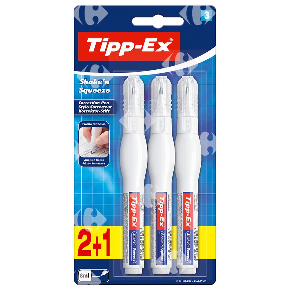 [216243] Stylos Correcteurs Shake'N Squeeze Tipp-Ex BIC 2 pièces + 1 Gratuit