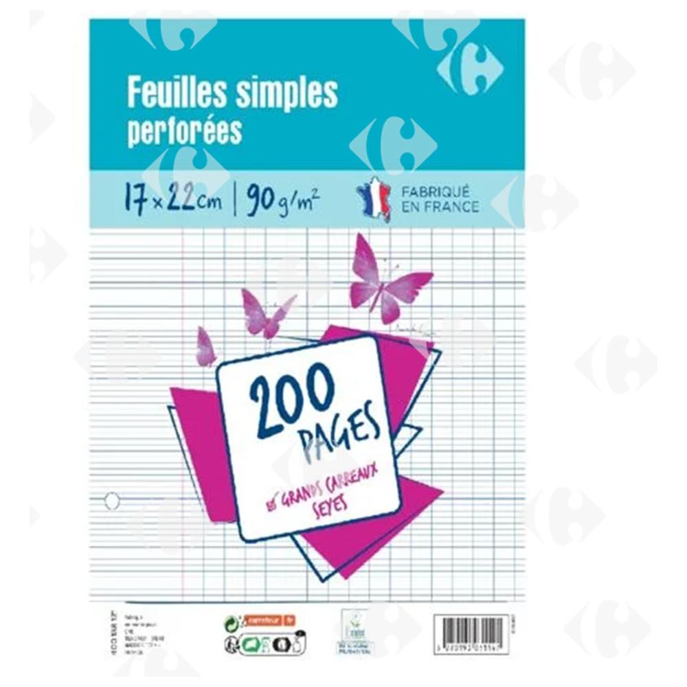 Feuillets Mobiles Perforés Grands Carreaux 17x22cm 200 Pages Carrefour 90g
