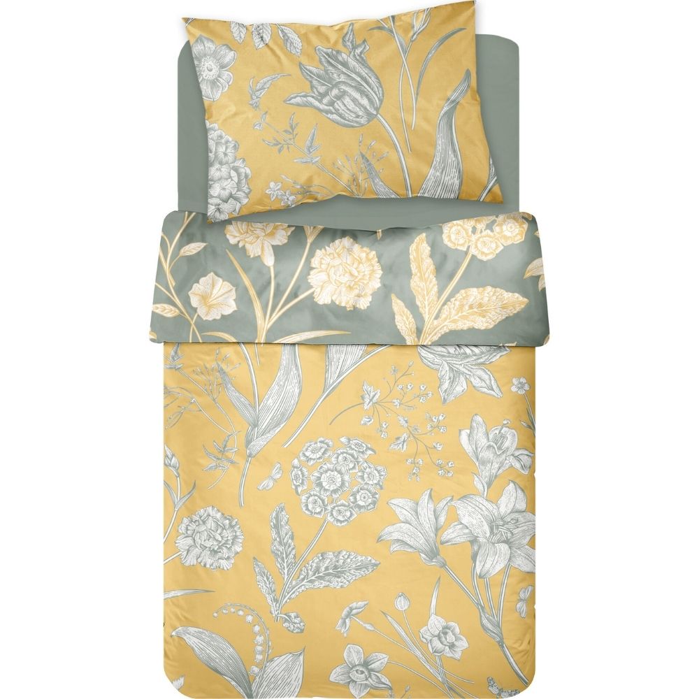 [731284] Set de Draps Coton Orange Fleur Gris Kasa 160x270cm