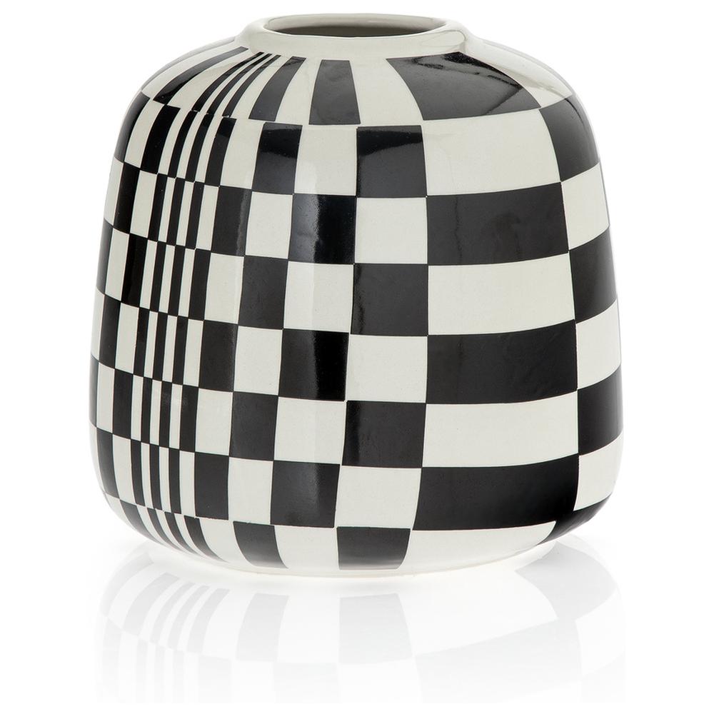 [711288] Vase Céramique Rond Carreaux Noir Graph Kasa 16x16cm