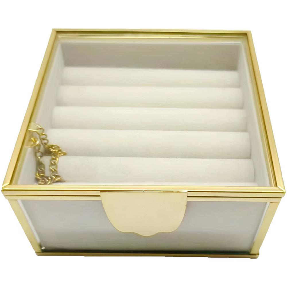 [711514] Boîte à Bijoux Verre Beige Acier Carrée Kasa 13x13cm