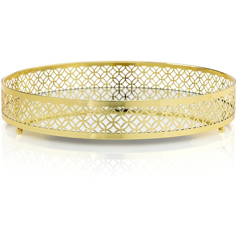 Plateau Rond Fond Miroir Bord Doré Ajouré Kasa 30cm