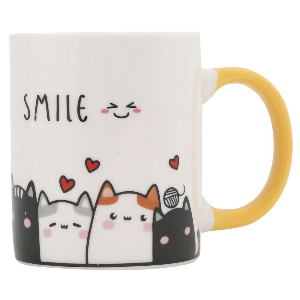 [730807] Mug Kasa en Porcelaine Blanche Chat Smile Manche Jaune 31cl