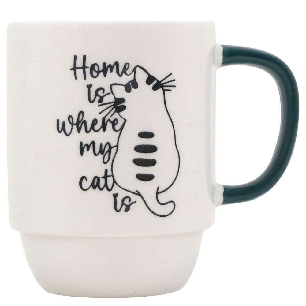 Mug Kasa en Porcelaine Blanche Dessin Chat Manche Bleue 40cl