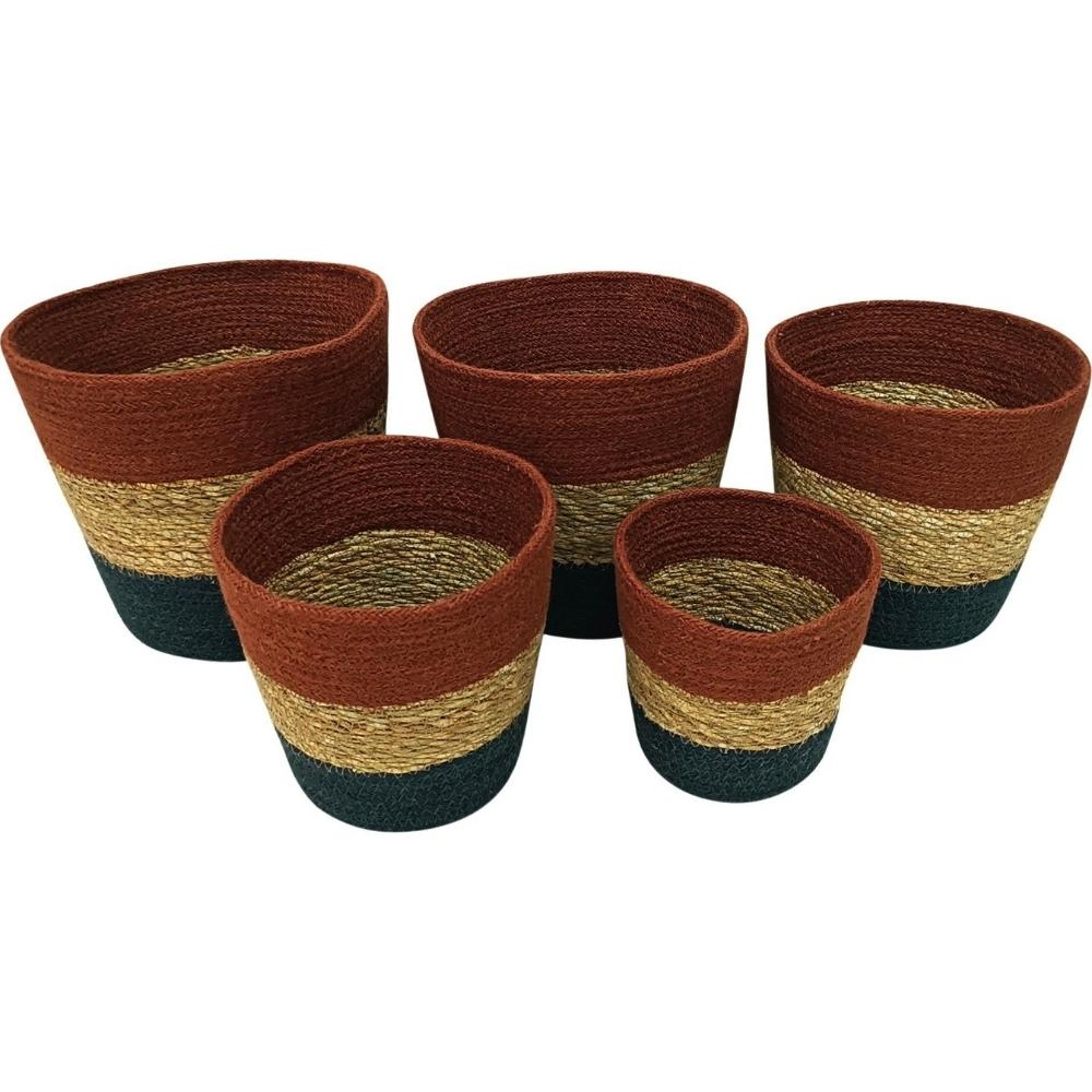 [721902] Set de 5 Paniers à Bandes Bleu/Rouge/Écru Jute Kasa