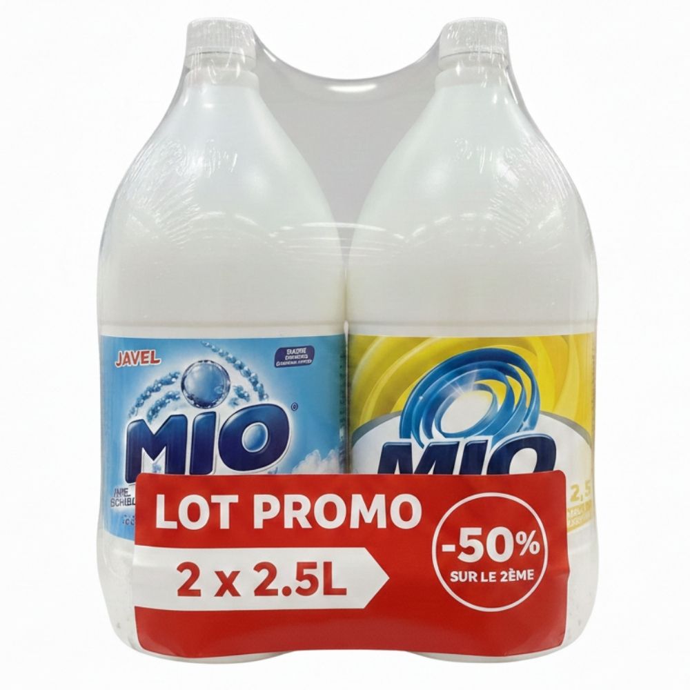 [711497] Lot de 2 Bouteilles d'Eau de Javel Mio Régulier 2,5L + Citron 2,5L